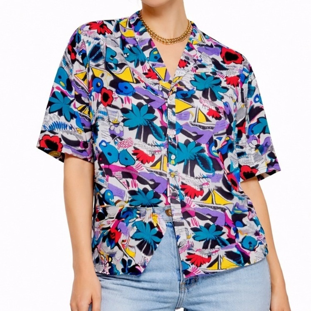 Vintage Diane Von Furstenberg Loud Blouse 8 Short Sleeve Dice Cards Tropical